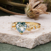 Classic Heart Cut Natural Moss Agate Leaf Engagement Ring